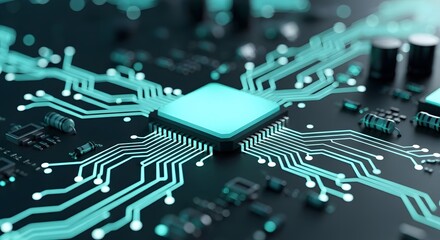 A close up of a glowing turquoise computer chip on a dark circuit board with visible components
