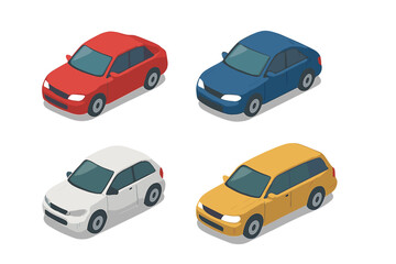 Fototapeta premium Set of four colorful isometric passenger cars isolated on a white background including sedan, hatchback, and station wagon models