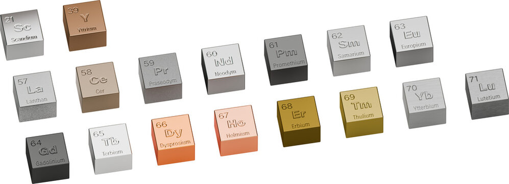 The 17 rare earth elements depicted as cubes with their atomic numbers, symbol and names engraved in German. Scandium Yttrium Neodym Lanthan Terbium Lutetium Holmium Praseodym Thulium Ytterbium