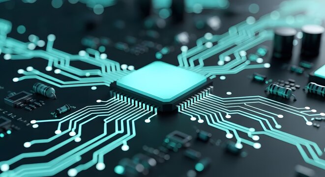 A close up of a glowing turquoise computer chip on a dark circuit board with visible components