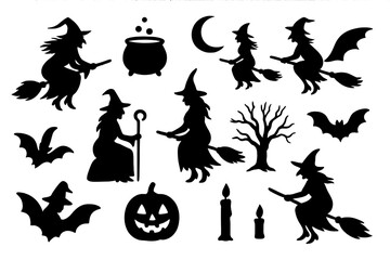 Fototapeta premium Halloween silhouettes featuring witches flying on brooms, spooky bats, carved pumpkin, cauldron, and bare tree
