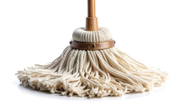 Traditional string mop with white cotton strands and metal clamp on white background