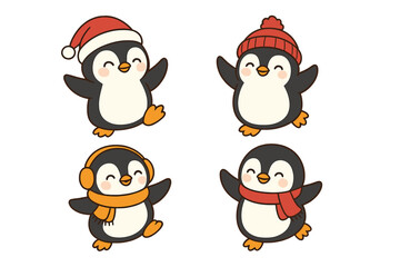 Four adorable cartoon penguins wearing winter accessories like Santa hat, beanie, and scarf