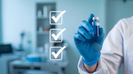 Medical professional wearing blue gloves holding vaccine with checklist graphic overlay, perfect for healthcare innovation and pharmaceutical advancements