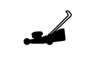 Black silhouette of a push lawnmower used for cutting grass in the yard