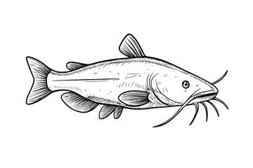 Freshwater catfish swimming with prominent barbels in black and white sketch style