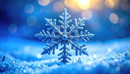 Close up of a detailed bright blue snowflake resting on sparkling snow with soft bokeh lights in the background during a bright sunny day