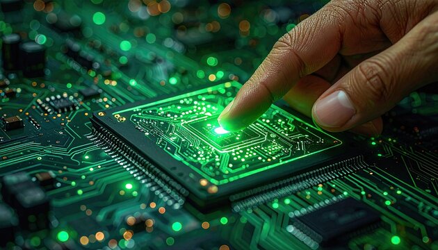Close Up Of A Finger Touching A Glowing Green Microchip In A Complex Network Of Circuit Boards With Soft Bokeh Background Lighting