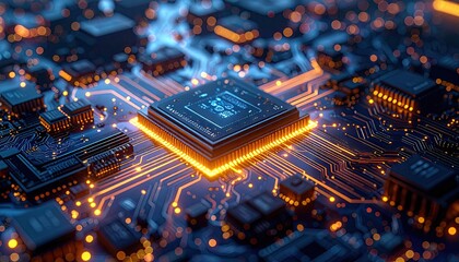 Close up of a glowing orange and blue central processing unit on a complex circuit board with intricate pathways and illuminated components creating a futuristic technology concept.