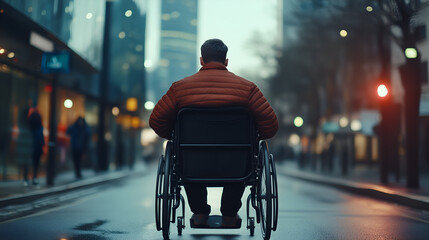 Thoughtful man in wheelchair navigates city street reflecting on urban life and accessibility, promoting inclusive communities and universal design principles