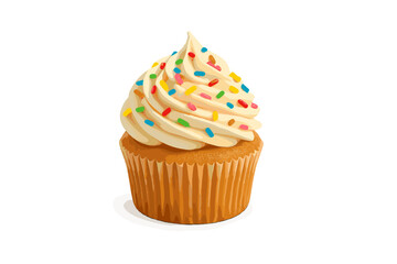 Vanilla cupcake with creamy white frosting and colorful candy sprinkles isolated on white