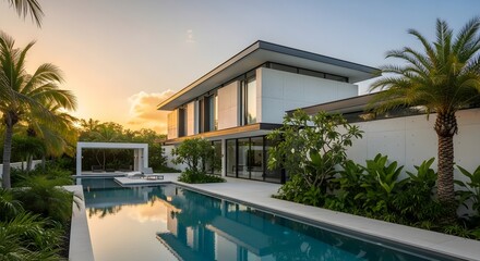 Modern home with a pool and palm trees at sunset showcasing luxury living and tropical architecture