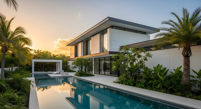 Modern home with a pool and palm trees at sunset showcasing luxury living and tropical architecture