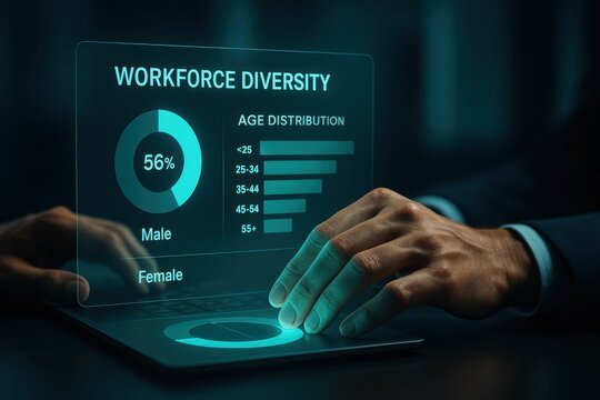 Adjusting Holographic Workforce Diversity Dashboard in Executive Office Gender Ratio and Age Distribution Insights
