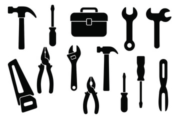 Collection of construction and repair tools including hammer, wrench, screwdriver, and toolbox