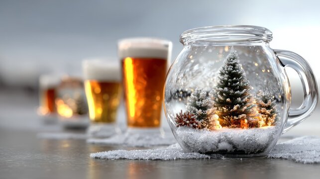 Christmas beer glasses, festive and warm, holiday winter scene, with snow and bokeh lights