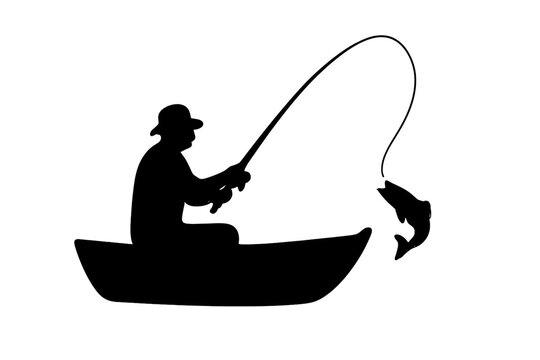 Silhouette of a fisherman sitting in a small boat reeling in a fish on a fishing rod
