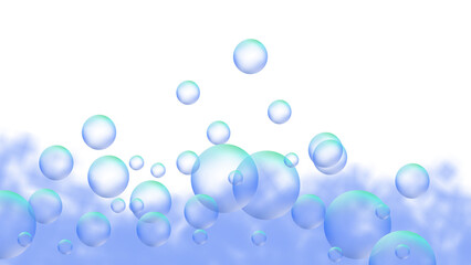 Abstract blue and green gradient soap bubbles floating with soap foam png, clean look