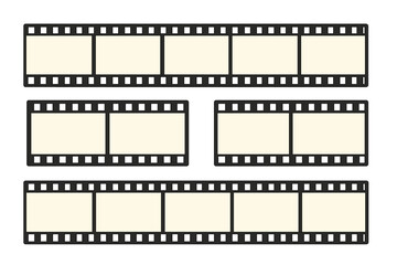 Multiple horizontal film strips with blank frames and sprocket holes isolated on white background