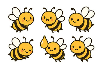 Fototapeta premium Set of cute cartoon honey bees flying with various expressions and a honey drop