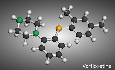 Vortioxetine molecule. Antidepressant drug for treatment of major depressive disorder (MDD). Molecular model. 3D rendering. Illustration