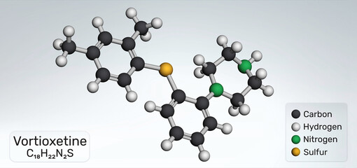 Vortioxetine molecule. Antidepressant drug for treatment of major depressive disorder (MDD). Molecular model. 3D rendering. Illustration