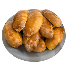 Pirozhki, pirogki. Homemade boat-shaped yeast buns with a variety of fillings on a transparent background