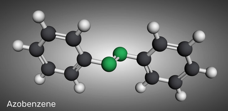 Azobenzene molecule, photoswitchable chemical compound. Molecular model. 3D rendering. Illustration