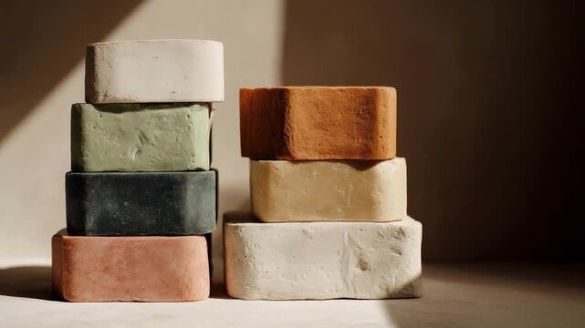 Colorful rectangular soaps stacked into two towers on a wooden surface.
