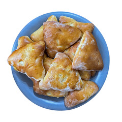 Pirozhki, pirogki. Homemade boat-shaped yeast buns with a variety of fillings on a transparent background