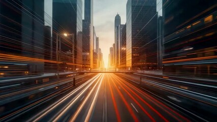 Fast moving traffic light trails on city highway between skyscrapers at golden sunset with motion blur - Powered by Adobe