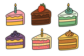 Set of six colorful layered dessert cake slices featuring various toppings and sweet flavors