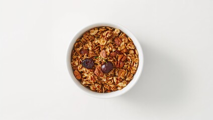 Bowl of fresh granola with nuts and cherries in a white dish on a light surface, fiber-dense choice