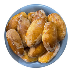 Pirozhki, pirogki. Homemade boat-shaped yeast buns with a variety of fillings on a transparent background