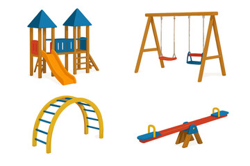 Isolated set of children's playground equipment featuring a slide structure, swings, monkey bars, and seesaw © Andrei