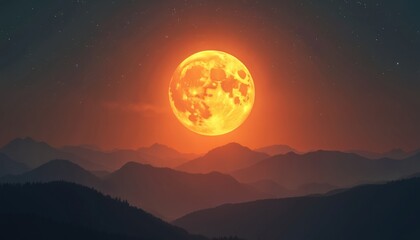 Giant orange full moon lights up dark misty mountains at night. Starry sky above hazy rolling hills. This grand nature landscape creates dramatic fantasy scenic view, evoking calm mystery and wonder.