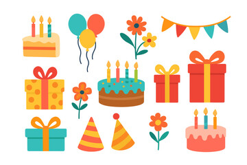 Colorful collection of birthday party elements: cakes, candles, balloons, gifts, and hats