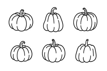Six black outline pumpkin icons set for autumn harvest and holiday design