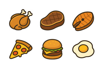Set of popular protein and fast food items including chicken, steak, salmon, pizza, burger, and egg