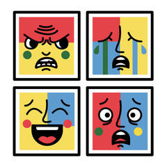 Square character face illustrations expressing four main feelings