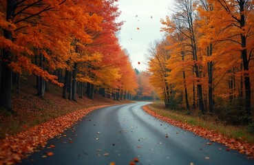 Empty curved asphalt road goes through autumn forest. Orange and yellow trees line the path with fallen leaves on the ground. Season change, travel mood.