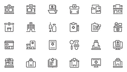 Clinic line icon set. Featuring test, medical, diagnostic, diagnosis, laboratory and more. Thin outline icons pack. Vector illustration
