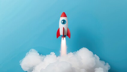 Pencil rocket ascending against a blue background, symbolizing focus on creative education