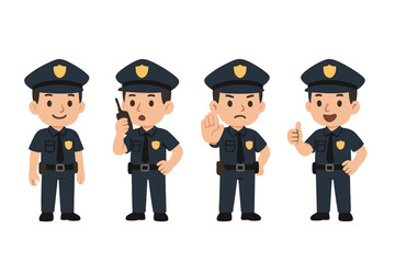Male police officers in dark blue uniform standing in various poses, including stop sign and thumbs up