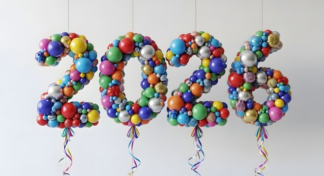 Colorful balloon numbers form the year 2026 against a white background