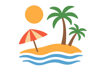 Sunny tropical vacation scene with two palm trees, beach umbrella, sand, and ocean waves