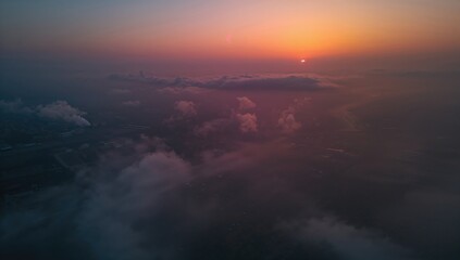 Aerial perspective of smog enveloping the skyline in urban settings, environmental concern