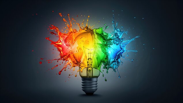 Vibrant rainbow-colored light bulbs bursting into splashes, creative expression - Powered by Adobe
