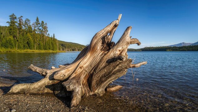 Tree stump on a lake's surface during low water levels, erosion risk