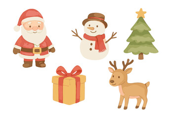 Cute watercolor Christmas set with Santa Claus, snowman, reindeer, and pine tree elements